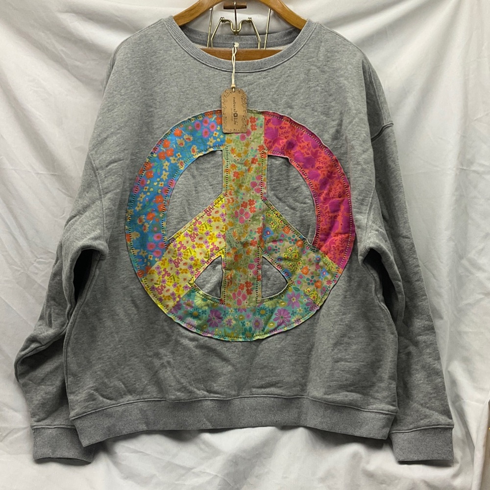 Natural life Gray sweatshirt with Vibrant Floral Peace Sign
